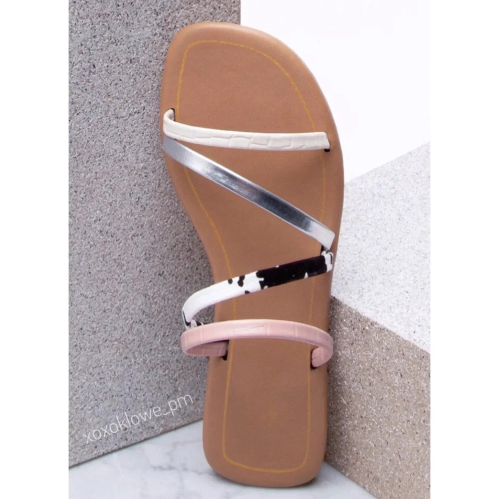 Pink Multi Color Vegan Leather Strappy Slide Sandals Size 6